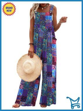 Loose Wide Leg Jumpsuit with Pockets - Floral Boho Romper